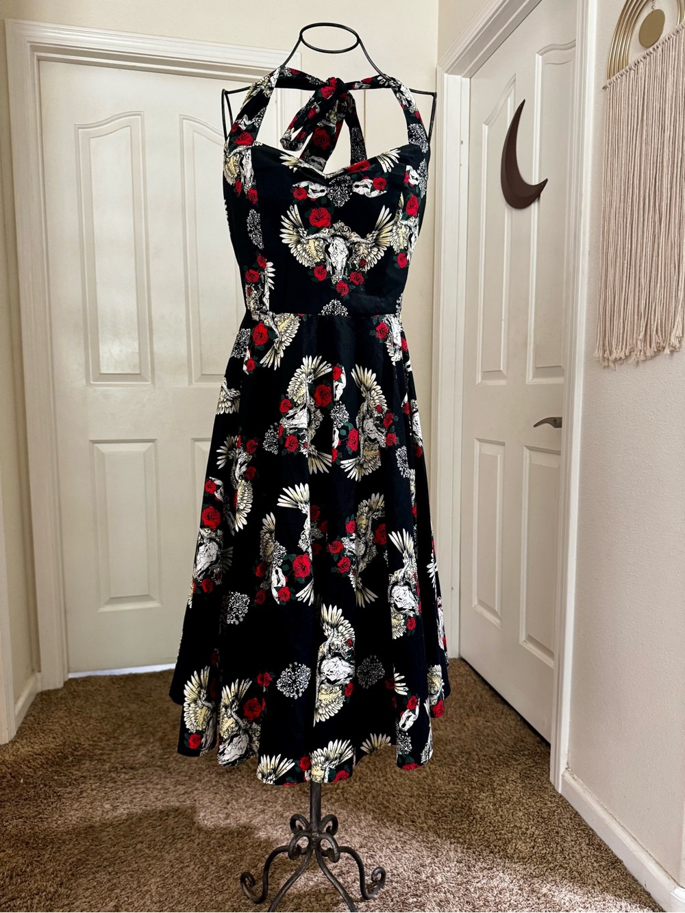 Black Halter Fit & Flare Dress with Rose and Skull Print